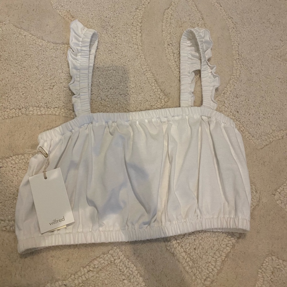 Aritzia Wilfred white crop top with ruffle straps